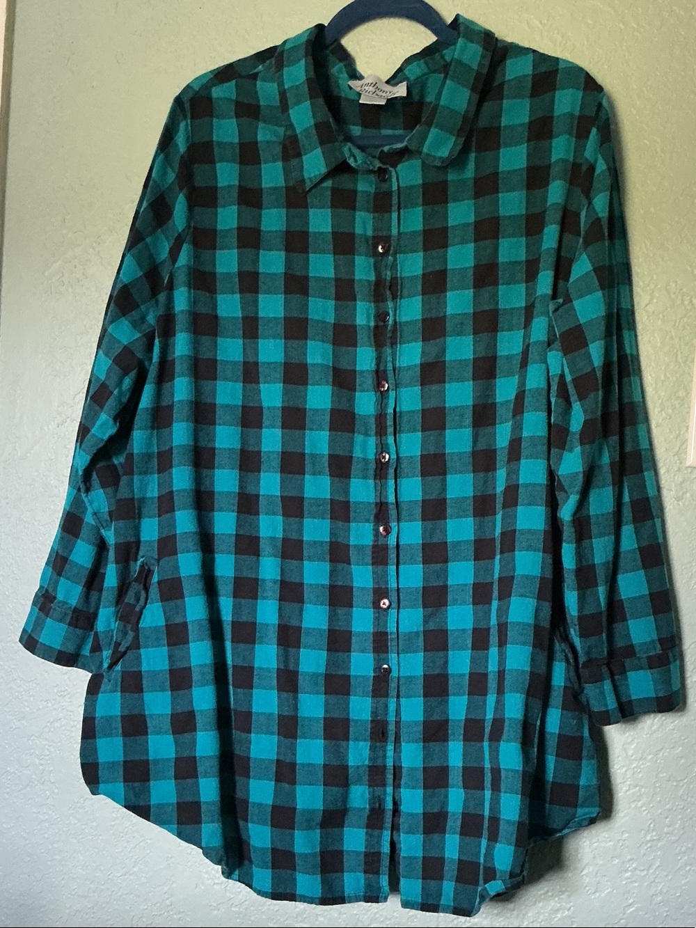 Teal & Black Plaid Button-Up Shirt 4x Tunic style w/ SIDE POCKETS, sleeve button